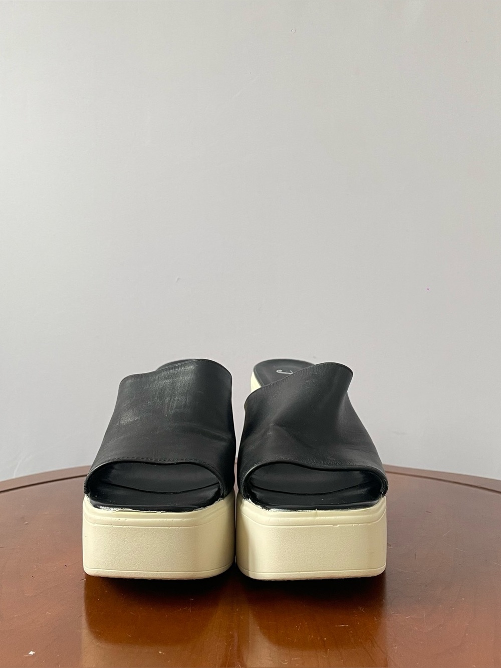 Free People Black Leather Platform Mule Sandals with Cream Block Heel - Picture 2 of 6